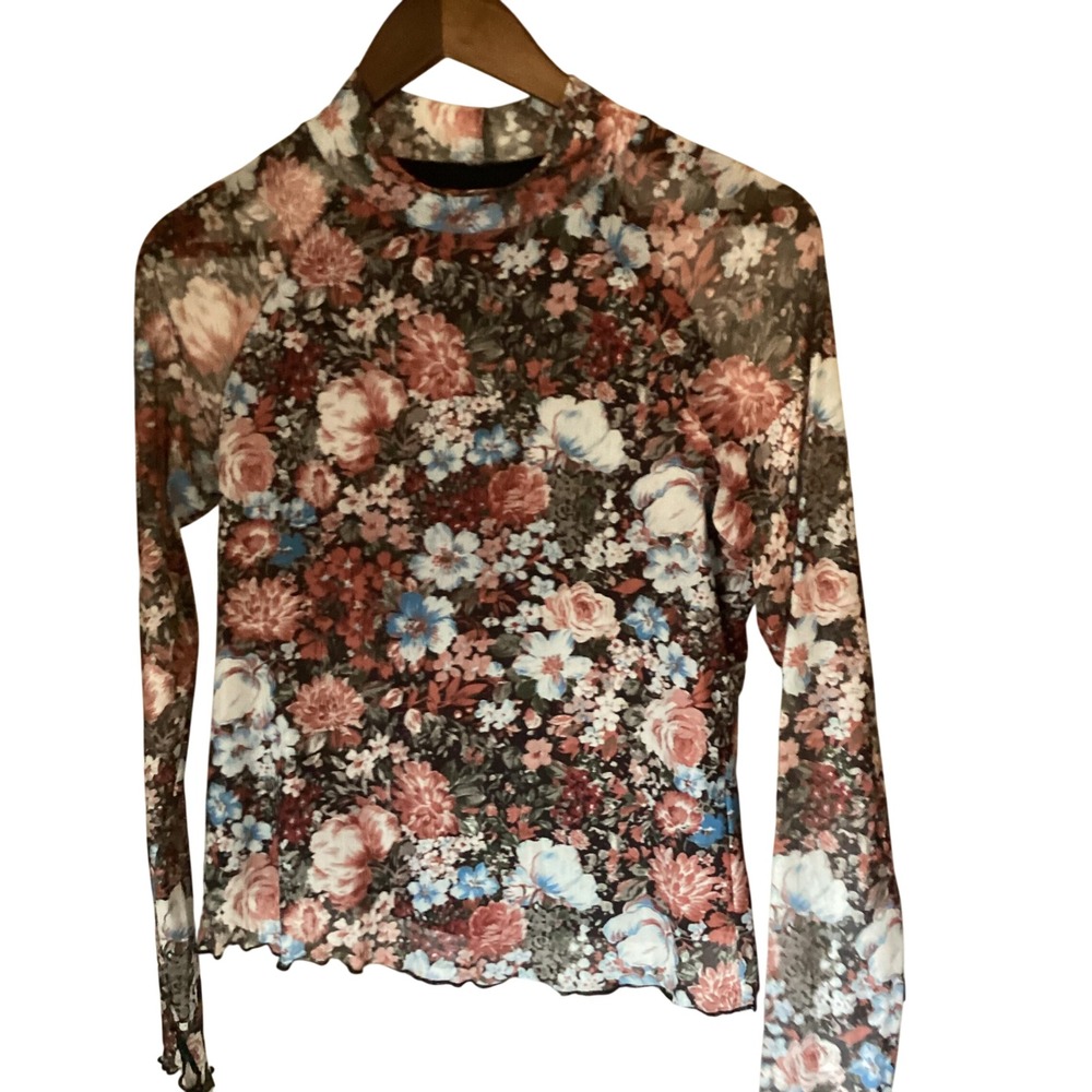 Dealmore Y2K Dark Fairy Floral Mesh Sheer Lettuce Edge Top Med Black Whimisgoth